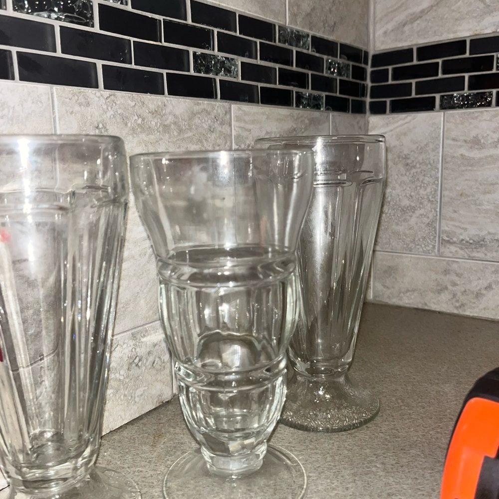 Cola soda pop Icecream shop serving glassware. 2 alike, one different
